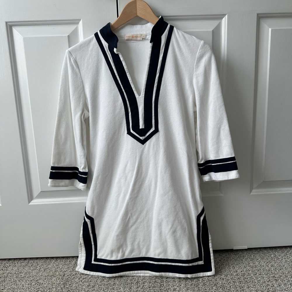 Tory Burch women’s white cover up dress with navy detailing